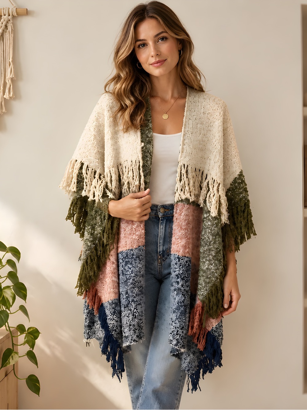 NEW Vince Camuto Pop-Stripe Knit Fringe Soft Topper Poncho O/S